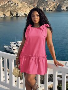 Slaydiva Plus Size Women Solid Color Shoulder Knot Ruffle Hem Casual Sleeveless Dress Vacation Pastel Pink Summer - Hot Pink - View 6