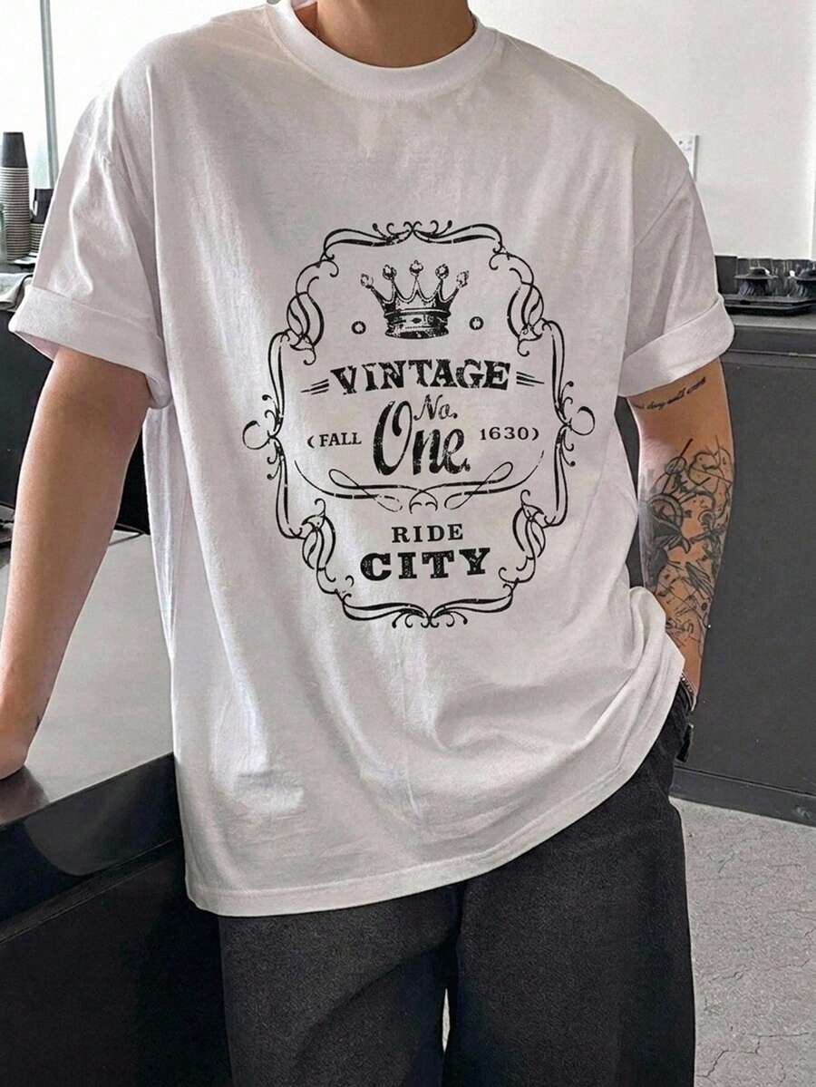 DAZY White Short Sleeve Letter Print Men's T-Shirt - White - View 1