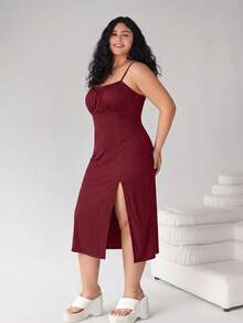 SHEIN EZwear 酒紅色休閒大尺碼百褶細肩帶女款洋裝 - 酒紅色 - 查看 4