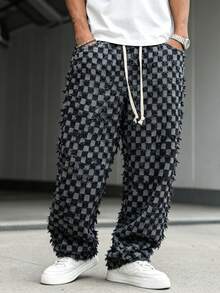 Manfinity EMRG American Style Checkerboard Tassel Denim Jeans - Black - View 8