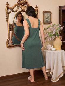 Côtesoire Plus Size Lace Patchwork Solid Color Casual Knit Nightgown, Summer - Green - View 2