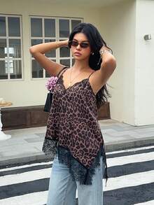 SHEIN Frenchy Women's Leopard Print Contrast Lace Fashion Sexy Camisole Going Out Night Out Party Brown Summer - Multicolor - View 7
