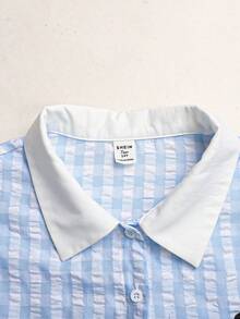 SHEIN 青少年女孩 Polo 童裝條紋刺繡圖案短袖中長洋裝，適合青少年女孩，對比色荷葉領花瓣袖印花洋裝，適合學校、戶外活動、購物，鈕扣洋裝 - 藍色 - 查看 3