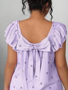 Elenzga Plus Size Women's French Casual Elegant Cute Kawaii Bow Blue And White Boat Neck Flutter Sleeve Blouse Vacation Summer Top Birthday Brunch Dinner - Purple - View 3