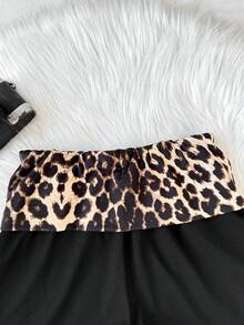 SHEIN Tween女孩豹紋拼接百褶休閒百搭日常穿著短褲 - 卡其色 - 查看 4