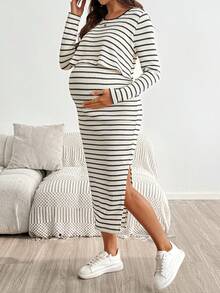 SHEIN Maternity Striped Side Slit Nursing Dress - Black and White - View 6