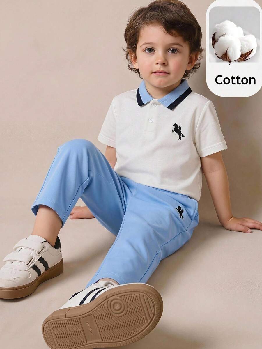 SHEIN 2件組兒童小男孩寬鬆休閒 Polo 衫與長褲套裝，男孩服飾套裝，適合春/夏、情人節、約會、夏季穿搭、海灘週末、家庭聚會、返校季、婚禮季、運動、生日派對