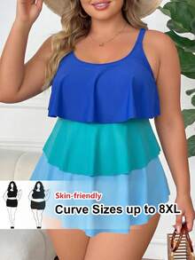 SHEIN CURVE+ 2026新款春夏海灘度假休閒藍色調荷葉領優雅大尺碼女款連身泳衣 - 彩色 - 查看 1