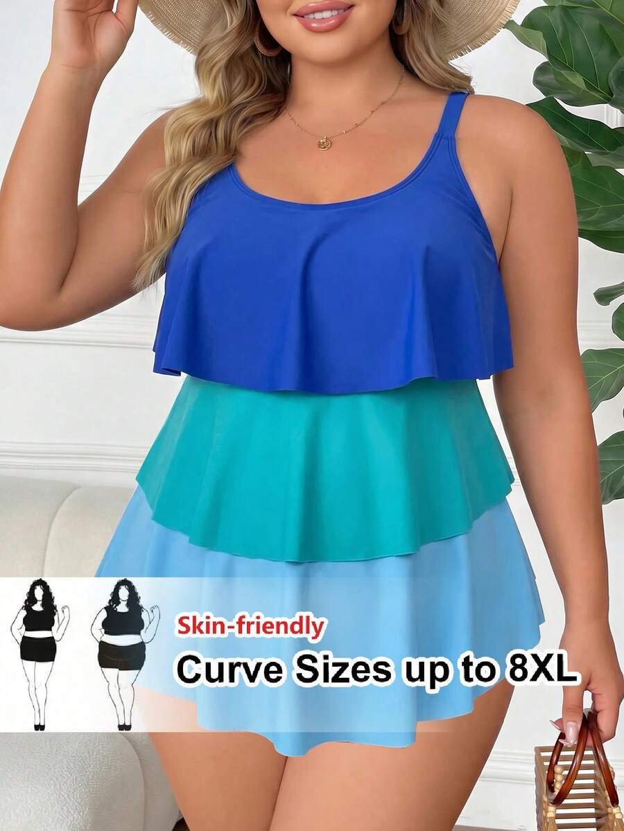 SHEIN CURVE+ 2026新款春夏海灘度假休閒藍色調荷葉領優雅大尺碼女款連身泳衣 - 彩色 - 查看 1