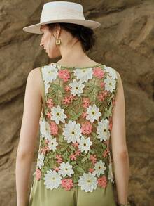 Arave Women's Loose Fit Round Neck Sleeveless Hollow Floral Asymmetrical Hem Design Casual Romantic Elegant Commute Wedding Top Garden Party Tea Party - Coral Pink - View 3
