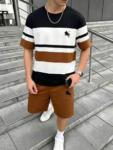 SHEIN 青少年男孩數位條紋與馬匹圖案短袖襯衫與短褲套裝，春/夏休閒舒適時尚風格，適合出遊、戶外運動、戶外野餐、街拍、度假風格、假日、禮物用途夏季穿搭 - 彩色 - 查看 7