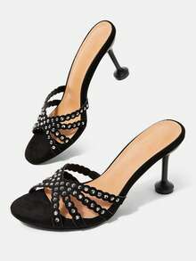 CUCCOO HITCHD Women's New Fashion Suede Rhinestone Open-Toed Round Toe Sexy Stiletto Sandals, Elegant Temperament, Comfortable And Advanced - Black - View 6