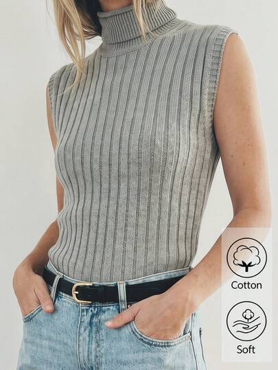 Sprig & Strand Women's Grey Mock Neck Sleeveless Ribbed Knit Top, Slim Fit Flattering Base Layer Tank Top, Versatile For Layering Or Wearing Alone