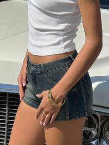 SHEIN EZwear Shorts vaqueros de talle bajo con rayas azules para mujer, verano - Azul lavado oscuro - Ver 5