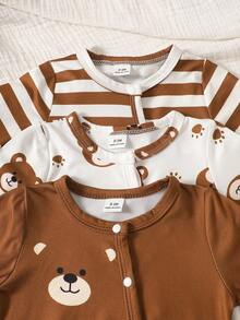 SHEIN Newborn Bear Striped Print Romper - Brown - View 7