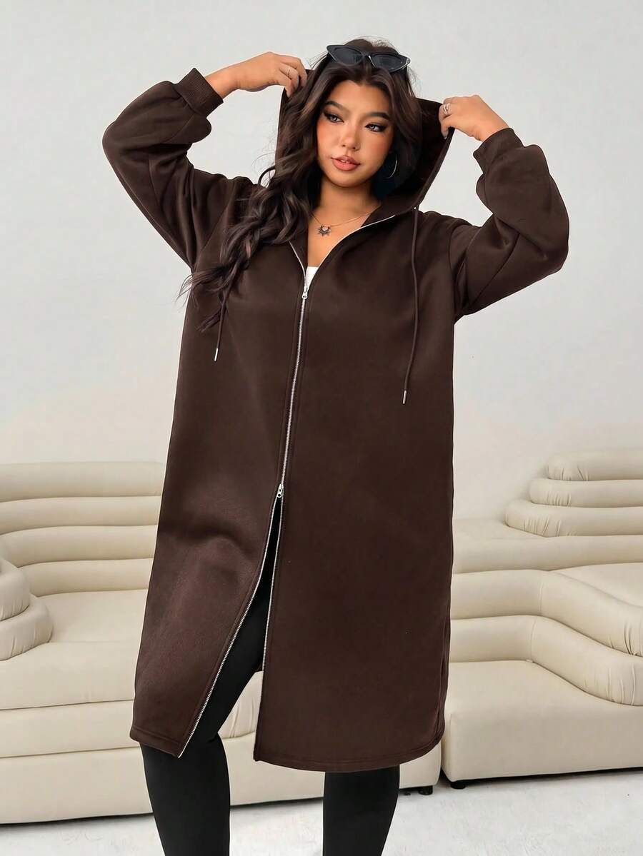 Solflare Brown Casual Smart Casual Plus Size Thermal Lined Long Hoodie Jacket For Women Winter - Chocolate Brown - View 1