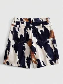 ROMWE MEN Street Life Men's Vintage Cow Print Cargo Denim Shorts, High Street Brand Multi-Pocket Straight Leg Mid-Length Pants, Hip Hop Street Style Loose Wide Leg Shorts, Summer Washed Rugged Denim Mid-Length Pants - Apricot - View 2