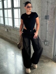 Dayanna Comas Bodysuit Rajut Bertekstur Gaya Y2K Streetwear Musim Gugur Wanita Warna Hitam untuk Musim Panas - Hitam - View 1