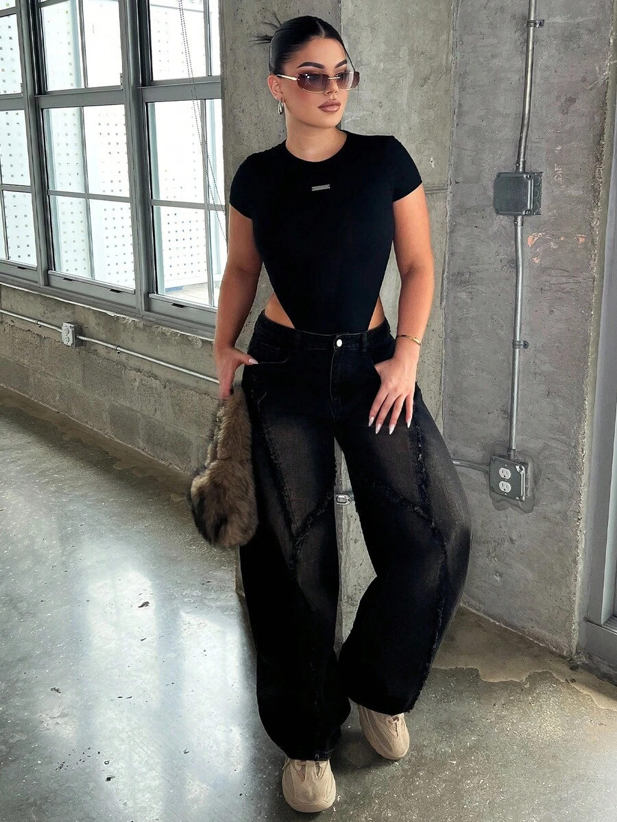 Dayanna Comas Bodysuit Rajut Bertekstur Gaya Y2K Streetwear Musim Gugur Wanita Warna Hitam untuk Musim Panas - Hitam - View 1