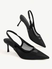 CUCCOO CHICEST Women's Shoes Sexy Mesh Hollowed Out Back Strap Women's High Heels Ankle Strap Pointed Low Heel Black Patent Leather Shoes Banquet Outdoor - Black - View 1