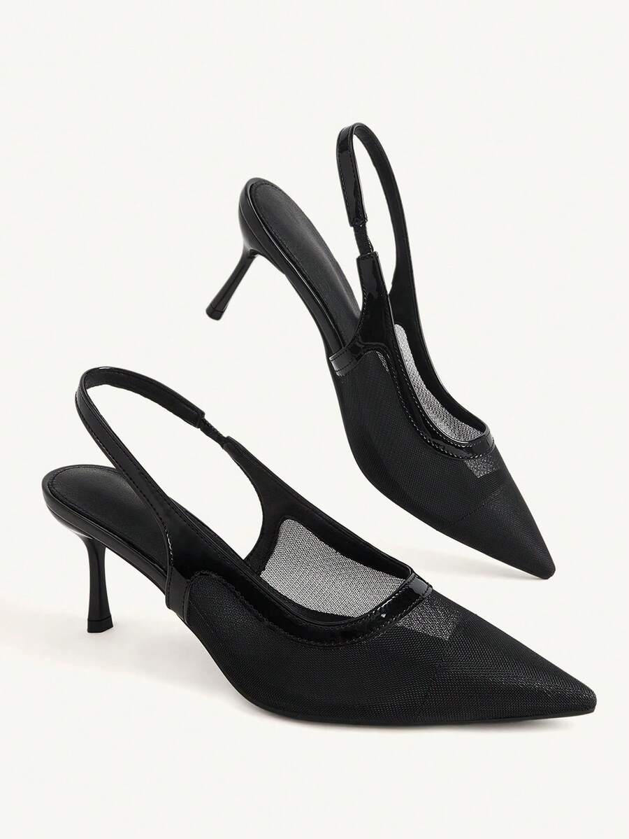 CUCCOO CHICEST Women's Shoes Sexy Mesh Hollowed Out Back Strap Women's High Heels Ankle Strap Pointed Low Heel Black Patent Leather Shoes Banquet Outdoor - Black - View 1