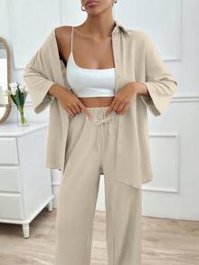 SHEIN مجموعة ملابس علوية أكمام طويلة بأزرار أمامية وبنطال طويل بربطة أمامية للنساء، طقم ملابس صيفي كاجوال بطراز بسيط - بني فاتح - مشاهدة 5