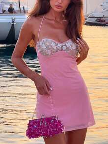 Ure Wave Women's 3D Floral Decor Sequin Patchwork Backless Halter Mini Dress - Multicolor - View 3