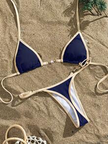 Swim Vcay Bikini de micro triángulo con cuello halter, ribete acanalado y ribete para mujer, traje de baño de verano para la playa - Multicolor - Ver 4