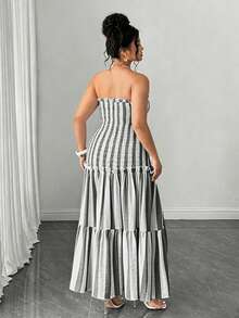 Elenzga Plus Size Elegant Striped Strapless Dress Beach Black And White Summer - Black and White - View 5