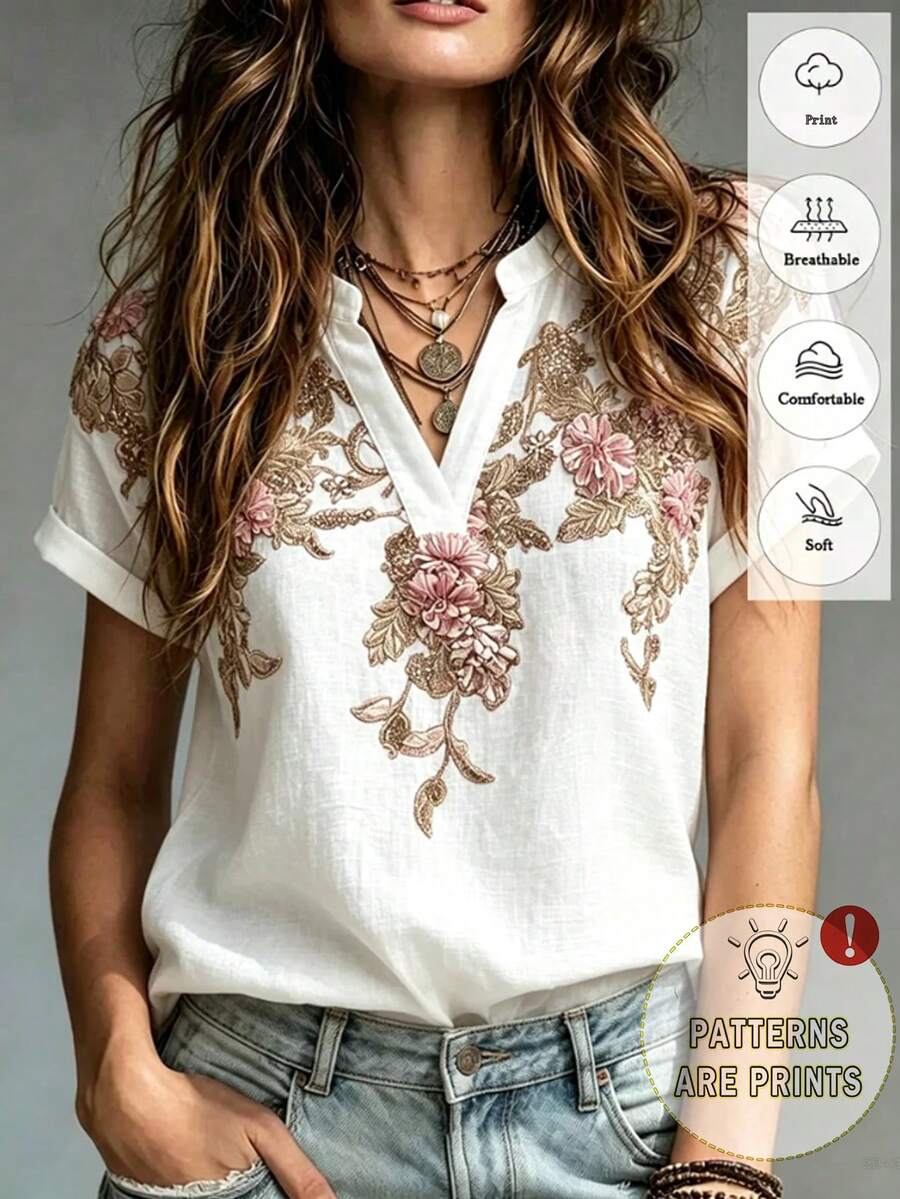 SHEIN Women's Casual Boho Floral Pattern Pink And White Blouse, V-Neck Short Sleeve, Country Style, Elegant, Summer, Beach Vacation, Country Music Festival - White - View 1