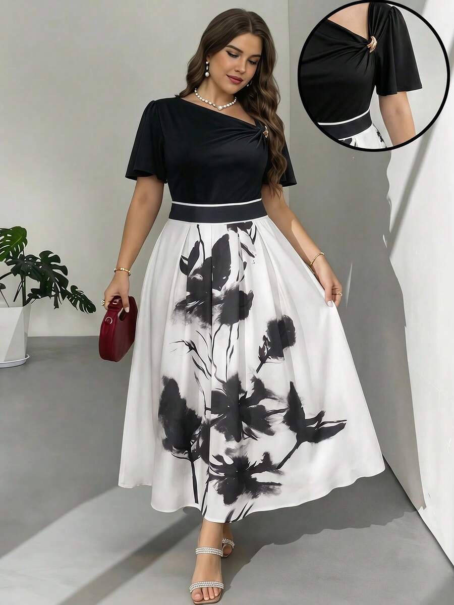 Modelyn 大尺碼夏季優雅不對稱領口上衣與花卉印花裙 2 件套 - 黑色 - 查看 1