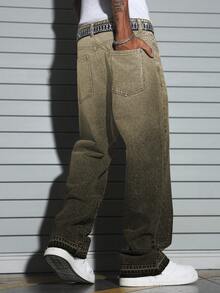 Manfinity EMRG Men's High Street American Streetwear Gradient Washed Wild Rhinestone Loose Wide Leg Pants - Coffee Brown - View 2
