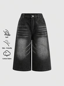 SHEIN Explorewe 女童舒適水洗柔軟復古街頭風無彈力寬鬆寬腿牛仔中長褲，薄款春夏適用 - 黑色 - 查看 3