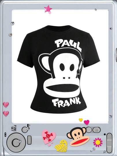 Paul Frank X ROMWE Camiseta de manga corta con estampado de dibujos animados, ajuste ceñido, talla grande para mujer