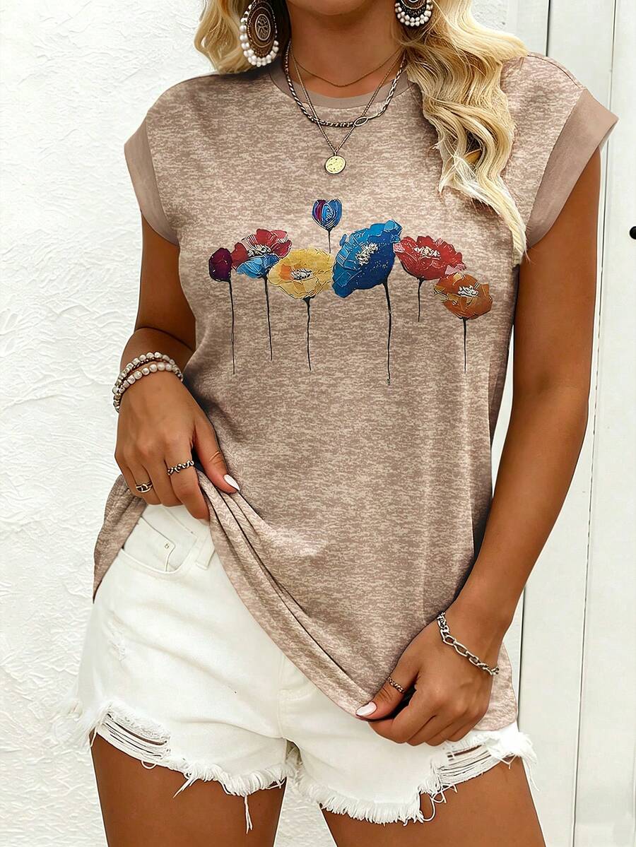 EMERY ROSE Women's Plus Size Casual Boho Retro Floral Print Batwing Sleeve Round Neck T-Shirt, Suitable For Spring And Summer Tops Vacation Beige - Multicolor - View 1