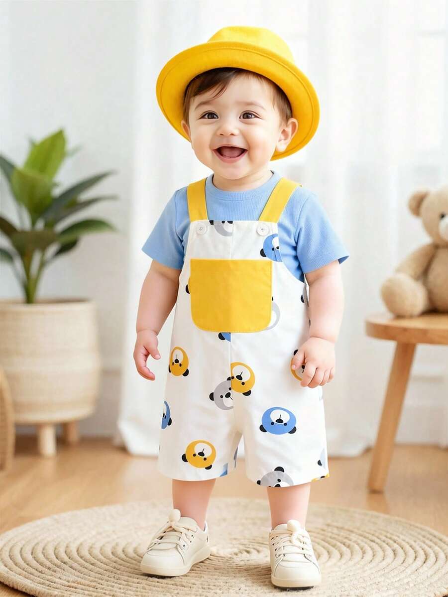 SHEIN Playful Pals Romper Bayi Laki-laki Motif Kepala Beruang Musim Panas dengan Desain Saku, Cocok untuk di Rumah, Santai, Pesta, dan Bepergian - Putih - View 1