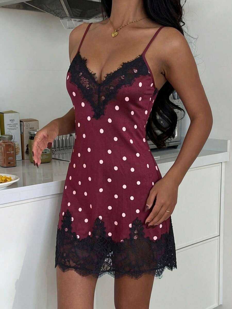 ZzzCrew Sexy Short Polka Dot Print Lace Trim V-Neck Cami Slip Dress - Multicolor - View 1
