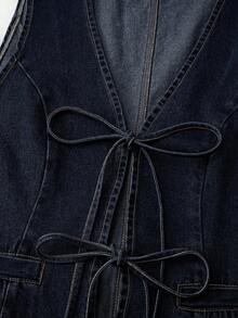 EMERY ROSE Plus Size Women's Spring/Summer Washed Front Tie Waist Denim Vest Top - Black - View 6