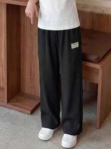 SHEIN Casuvi Kids 1 chiếc quần ống rộng dệt gân dọc cho bé gái, vải gân đen, thiết kế cạp chun, dáng ôm vừa vặn, thoải mái. - màu đen - Xem 3