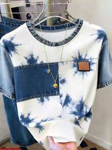 SHEIN Women Fashion Casual Drop Shoulder Round Neck Patchwork Tie-Dye Print T-Shirt,Faux Denim,Comfortable All Season Summer,Streetwear,City Break T-Shirt - White - View 5