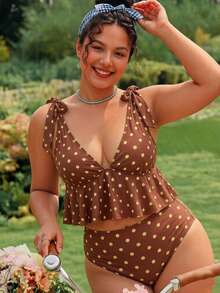 Swim Mod Plus Size 2026 Spring/Summer Digital Print 2 Pieces Detachable Padded Bikini Swimwear, Sexy Tropical Deep V-Neck Skirt-Style Bikini, Beach Brown - Multicolor - View 7