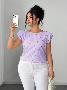 Elenzga Plus Size Women's French Casual Elegant Cute Kawaii Bow Blue And White Boat Neck Flutter Sleeve Blouse Vacation Summer Top Birthday Brunch Dinner - Purple - View 6