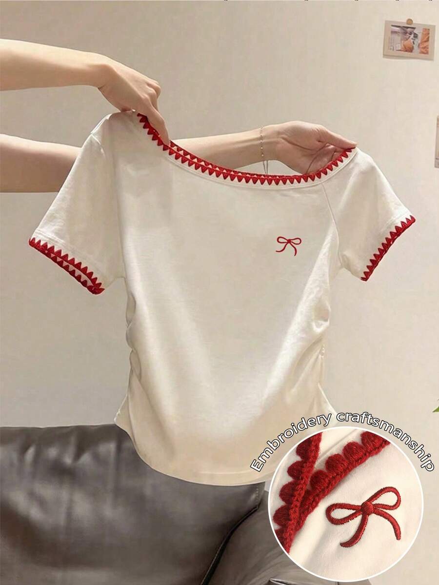 SHEIN 女士撞色饰边蝴蝶结褶皱短袖T恤 - 白色 - 查看 1