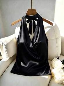 SHEIN Franclia Top enveloppant élégant et chic en satin marron à col ras-du-cou pour femmes, tenues d'été pour femmes, blouses décontracté pour femmes, Top pour vacances - Noir - Voir 2