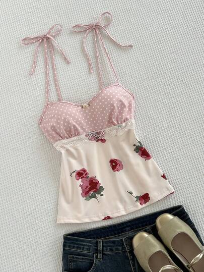 Sweetra Fashionable Retro Polka Dot Patchwork Playful Print Design Lace Trim Exquisite Tie-Up Tank Top Summer Minimalist Vacation Style Minimalist Sexy Girl Aesthetic Women's Vest