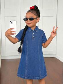 Vestido camisa de mezclilla oversize en azul marino para niña - Azul lavado medio - Ver 3