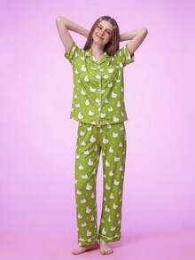 SHEIN Women's Duck Print Button-Front Short Sleeve Long Pants Pajama Set - Multicolor - View 3