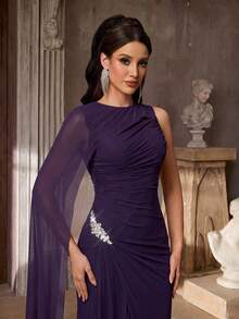 Aureia Elegant Graceful High Elastic Mesh Round Neck One Shoulder Flutter Sleeves Waist Pleats Slimming 3D Rhinestone Women's Bridesmaid Dress Purple Spring - Purple - View 6