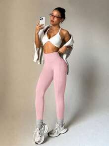 SHEIN Sports 女款純色高腰口袋內搭褲 - 粉色 - 查看 7