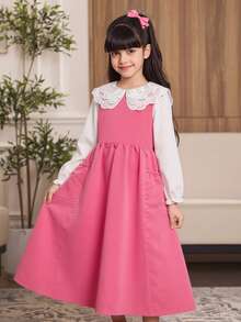 SHEIN 少女甜美淑女蕾絲拼接雙口袋洋裝 - 粉色 - 查看 4